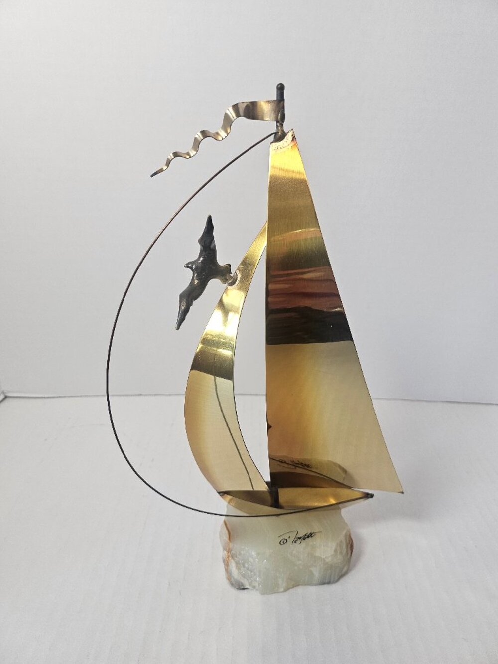 Vintage John DeMott Signed Brass Sailboat Sculpture on Onyx Base MCM Brutalist